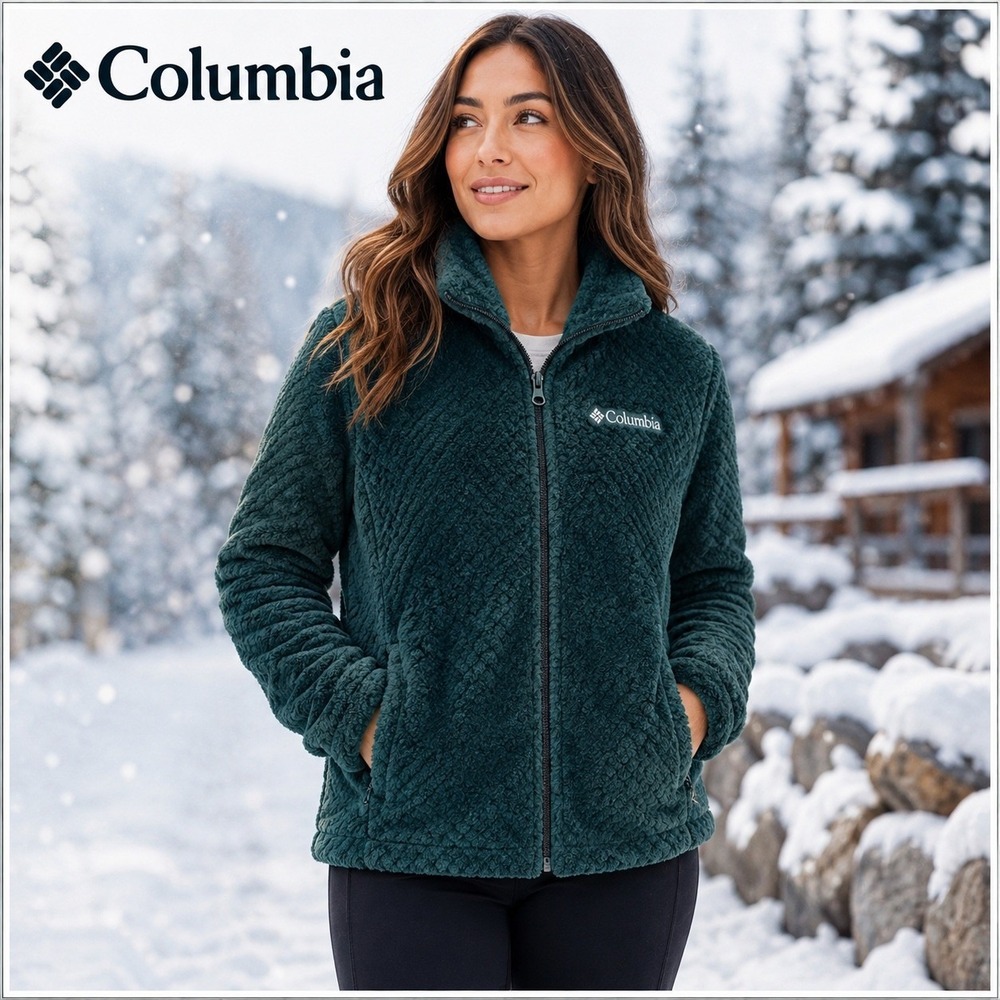 Columbia Fire Side II Sherpa Fleece Full Zip Jacket Green EUC Heavy Winter XL